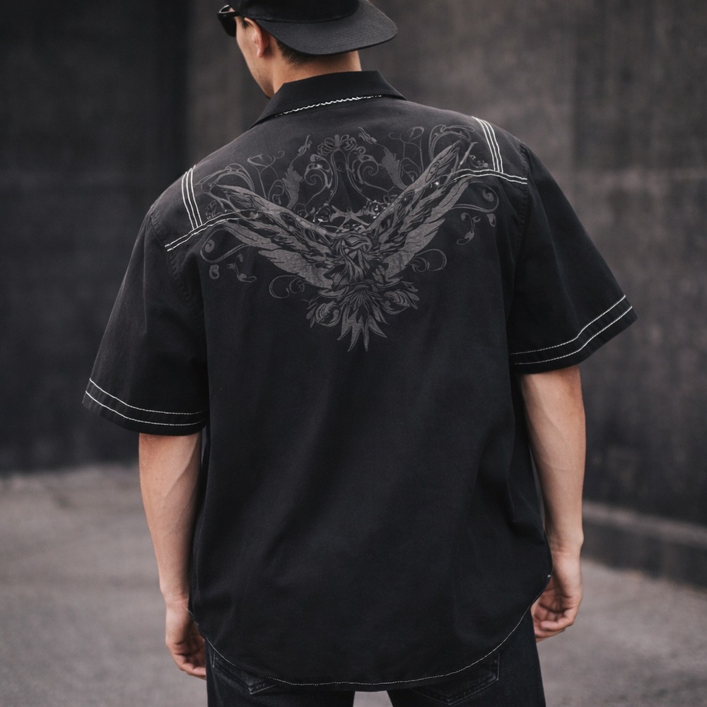 Y2K Eagle Embroidered Black Button Up Shirt 3XL